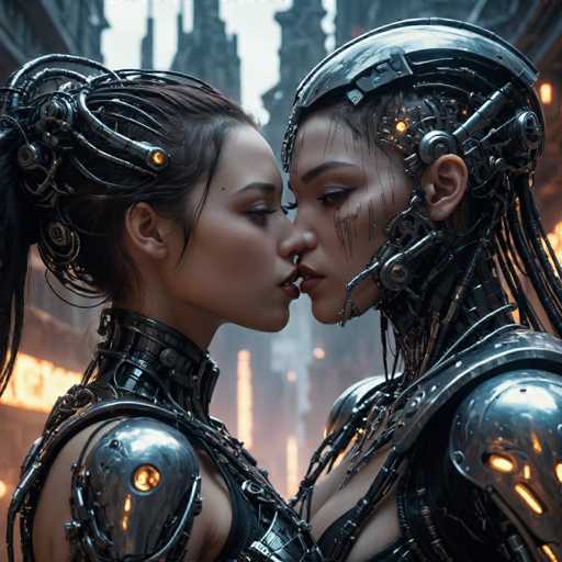 The image depicts two individuals dressed in futuristic armor and costumes, standing close together with their lips touching. The person on the left is wearing a metallic silver suit with large arms and legs, while the individual on the right has a more intricate design with smaller arms and legs. They are positioned against an urban backdrop of buildings and streetlights, suggesting they might be in a city or town setting.
The image does not contain any discernible text.