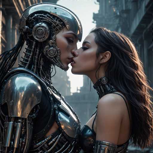 The image depicts two individuals locked in a tender kiss on a city street. The person on the left is wearing a metallic silver robot suit and helmet with large headphones, while the individual on the right is dressed in black attire. They are standing close together, their bodies almost touching as they share this intimate moment.