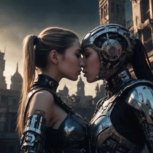 The image shows two women dressed in futuristic armor standing side by side and facing each other with their lips almost touching. The woman on the left is wearing a black leather outfit that includes a helmet, while the woman on the right has a silver metal suit. They are positioned against an urban backdrop of buildings under a cloudy sky.