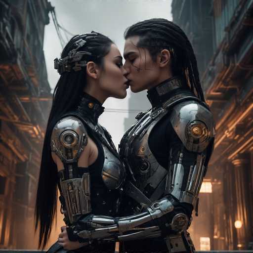 A couple dressed in futuristic armor stands on a street at night, their bodies close together as they lock lips and gaze into each other's eyes. The woman wears a metallic silver bodysuit with intricate designs, while the man is clad in a similar suit but with a more angular design. They are positioned against an urban backdrop of buildings under a cloudy sky, creating a sense of mystery and intrigue around their intimate moment.