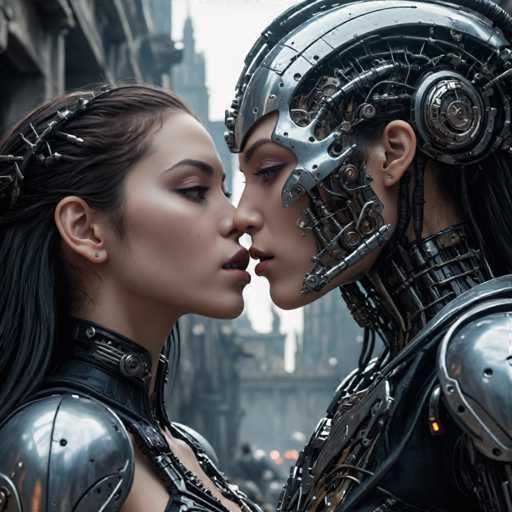 The image shows two individuals dressed in futuristic armor and costumes standing close together on a city street. The person on the left is wearing a metallic silver helmet with spikes protruding from it, while the individual on the right has a metallic silver suit with a large headpiece that resembles a skull. to their faces.