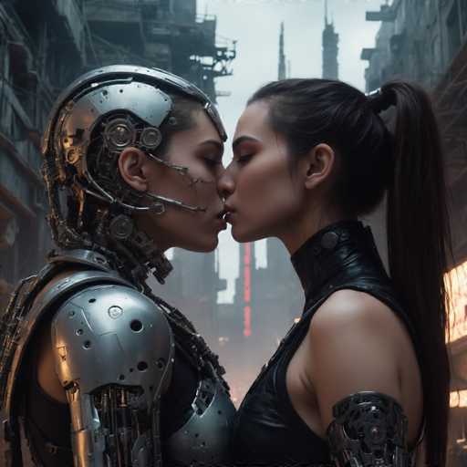 The image depicts two individuals locked in a tender kiss on a city street at night. The person on the left is wearing a metallic helmet and silver armor, while the individual on the right has long hair and is dressed in black. They are standing close together with their bodies almost touching as they share this intimate moment. In the background, there are buildings that add depth to the scene, creating an urban atmosphere.