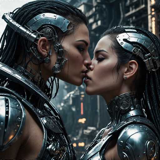 The image shows two individuals dressed in futuristic armor and helmets, standing close together with their mouths open as if in a kiss or embrace. The background is dark and blurred, suggesting an urban setting such as a city street or industrial area.