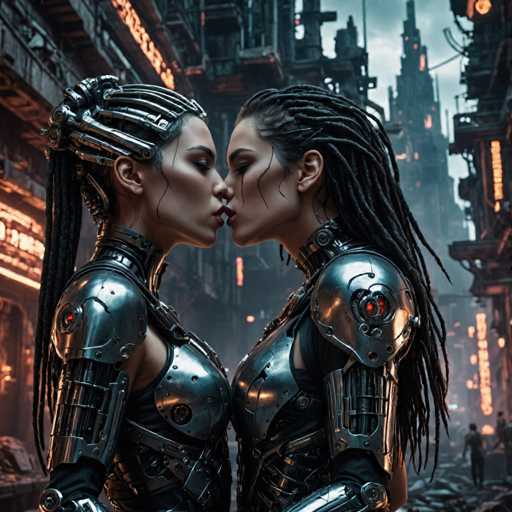 The image depicts two women dressed in futuristic armor standing side by side on a city street at night. The woman on the left is wearing a metallic silver suit with a large helmet and has long dreadlocks cascading down her back. Her companion on the right is also clad in a similar suit, but hers features a smaller helmet. They are positioned in front of a building that appears to be a factory or industrial complex, suggesting an urban setting for their encounter. The image does not contain any discernible text and focuses solely on the two women and their surroundings.