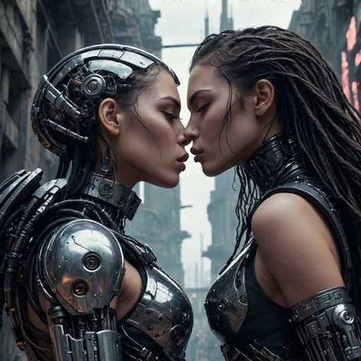 The image shows two women with long dreadlocks standing side by side on a city street. The woman on the left is wearing a silver robot-like outfit and has a futuristic appearance. The other woman is dressed in black and also appears to be from the same era as her counterpart, suggesting they might share a common background or interest in technology.