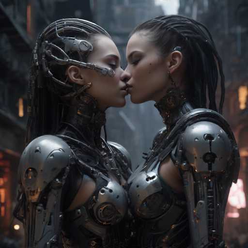 The image shows two women dressed in futuristic armor standing side by side and kissing each other's lips. The woman on the left is wearing a silver suit with a large headpiece that covers her entire face, while the woman on the right has a more traditional look with a simple black suit.