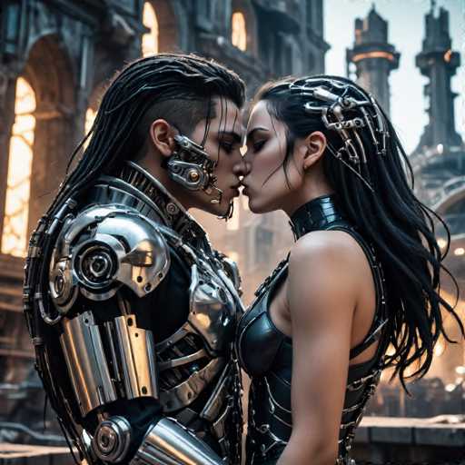 A couple dressed in futuristic armor stands in front of a castle-like structure with arched windows and towers. The man wears a silver suit with a helmet on his head, while the woman is wearing a black bodysuit with metal plates on her chest. They are kissing passionately against a backdrop of the castle's architecture.