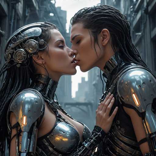 A couple dressed as robots stands on a street, with one person wearing a helmet and the other a necklace of gears.