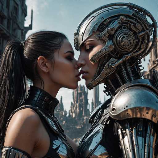 The image shows two individuals dressed in futuristic armor and clothing, standing close together with their lips touching. The person on the left is wearing a black leather outfit that includes a helmet, while the individual on the right has a silver metal suit complete with a helmet. They are positioned against an urban backdrop featuring buildings of varying heights and designs, suggesting they might be in a city or town setting.
The image does not contain any discernible text.