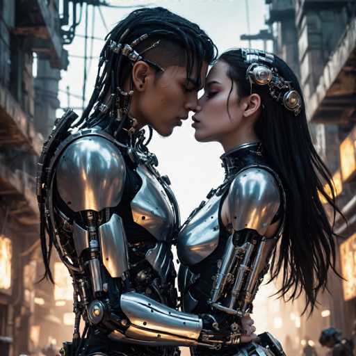 A couple embracing each other in a futuristic cityscape with tall buildings and neon lights. The man is wearing a silver suit with large arms and the woman has long black hair and a metallic headpiece.