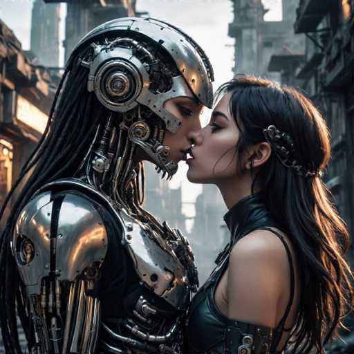 A woman with long hair is kissing a man dressed as a robot on the cheek. The man's metallic armor and helmet reflect light, creating an ethereal glow around them.