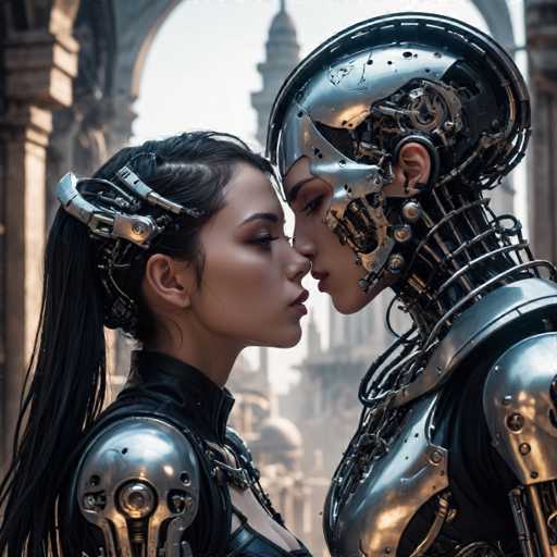 A woman with long hair and a metallic helmet is kissing another woman's face while standing next to an old building.