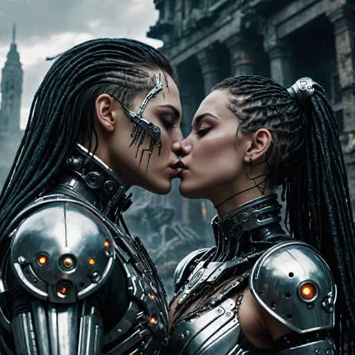 The image shows two individuals dressed in futuristic armor and costumes, with one person wearing a silver suit and the other a black suit adorned with spikes on their shoulders. The scene takes place against an old building backdrop, suggesting that they are in a historical or abandoned setting.