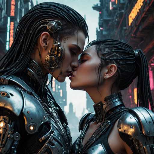 The image depicts two individuals dressed in futuristic armor and clothing, standing close together with their lips touching in a tender kiss. The background shows an urban cityscape with buildings of various sizes and colors, including neon signs that add to the futuristic atmosphere.