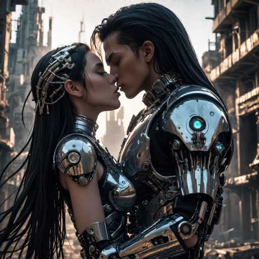 A couple dressed in futuristic armor stands in a cityscape with tall buildings and cranes in the background. The man wears a metallic suit with a large helmet on his head, while the woman has a silver bodysuit adorned with intricate designs. They are positioned close together, their bodies almost touching as they gaze into each other's eyes.