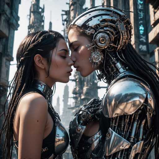 The image shows two women with long hair and metallic armor standing close together against a backdrop of tall buildings. The woman on the left is wearing a black dress and has dreadlocks cascading down her shoulders. On the right, another woman is dressed in silver armor that matches the metallic sheen of the buildings behind them. They are both looking directly at each other with an intense gaze.