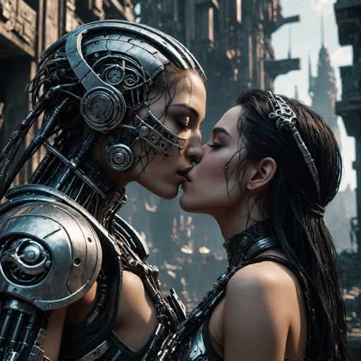 The image shows two women dressed in futuristic armor and headgear kissing passionately on a city street. The woman on the left is wearing a silver helmet with a large speaker on top, while the woman on the right has a black helmet adorned with a skull design. They are standing close together, their bodies almost touching as they engage in this intimate moment.