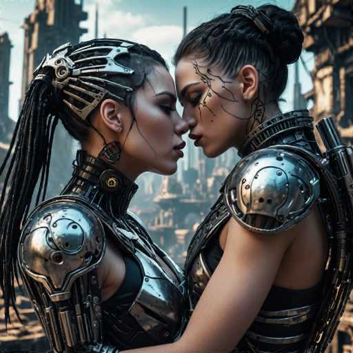 The image shows two women dressed in futuristic armor standing close together and facing each other with their mouths open as if in a kiss or embrace. The woman on the left is wearing a silver helmet with intricate designs, while the woman on the right has a black helmet adorned with gold accents. The background features an urban landscape of buildings under a cloudy sky.