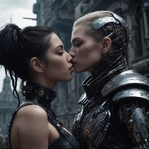 The image shows two people locked in a kiss on a city street. The person on the left is wearing a black leather outfit and has their hair styled in an updo. On the right side of the frame, there's another individual dressed in a metallic suit with a helmet that appears to be made of metal plates. Both individuals are facing each other, creating a sense of connection between them. The background features buildings and trees, suggesting they might be on a street or near some urban area.