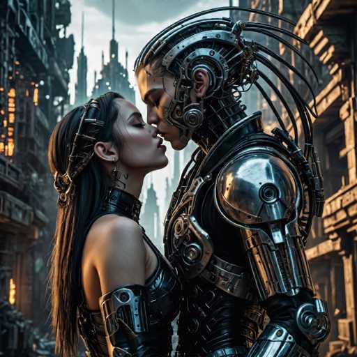 A couple dressed in futuristic armor stands on a street lined with dilapidated buildings and a smokestack. The man is wearing a metallic suit of armor that glows under the light, while the woman has long dark hair and is wearing a black dress adorned with silver accents..