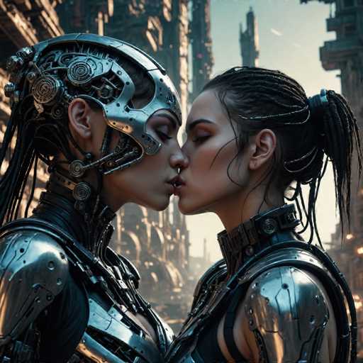 The image depicts two women dressed in futuristic armor and helmets, standing side by side with their mouths open as if kissing or making a kissy face. The background shows an urban cityscape with tall buildings and cranes, suggesting the setting could be a bustling metropolis or industrial area.
