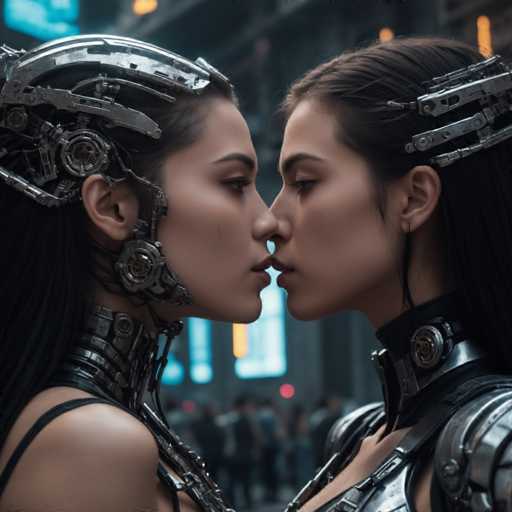 The image shows two women with long hair and metallic headpieces standing side by side against a city skyline backdrop. The woman on the left is wearing a silver helmet with a large headpiece, while the woman on the right has a smaller helmet with a more intricate design. They are positioned in front of a building that features a large window illuminated by blue lights, creating an urban and futuristic atmosphere.