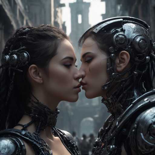The image shows two women dressed in futuristic armor and headpieces standing close together with their mouths touching. The woman on the left is wearing a black metal helmet with silver accents, while the woman on the right has a silver helmet with intricate designs. They are positioned in front of an old building that appears to be abandoned or dilapidated.