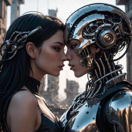 The image shows two individuals standing close together and facing each other with their eyes locked in a gaze. The person on the left is wearing a black dress and has long hair styled in an updo. On the right side of the frame, there's another individual dressed in a silver suit that appears to be metallic or futuristic-looking.