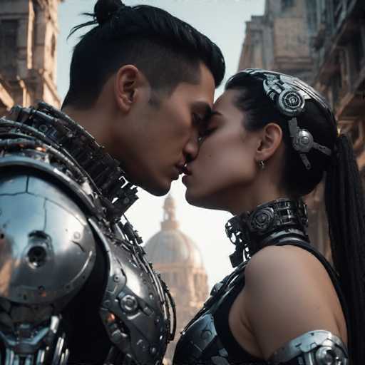 A couple dressed in futuristic armor stands in front of a building with domed roofs and columns, sharing an intimate moment as they lock lips.
