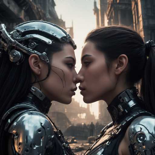 The image shows two women dressed in futuristic armor standing side by side against a backdrop of an abandoned cityscape with dilapidated buildings and rubble. The woman on the left is wearing a silver helmet with a large headband, while the woman on the right has a black helmet with a smaller headband.