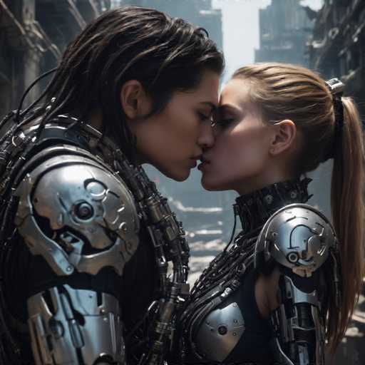A couple dressed in futuristic armor stands on a city street, their bodies close together as they lock lips and gaze into each other's eyes. The man wears a silver suit with intricate metalwork, while the woman is adorned in a black suit that features a metallic sheen. They are positioned in front of a backdrop of buildings and trees, suggesting an urban setting.