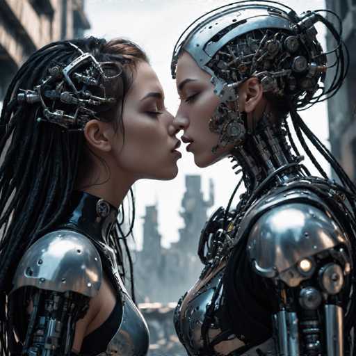 The image shows two women with long dreadlocks and metallic armor standing next to each other on a city street. The woman on the left is wearing a black leather outfit that includes a headpiece adorned with silver gears, while the woman on the right has a silver metal suit complete with a helmet featuring intricate silver gears. 
The background of the image reveals an urban setting with buildings and trees, suggesting they are in a city environment.