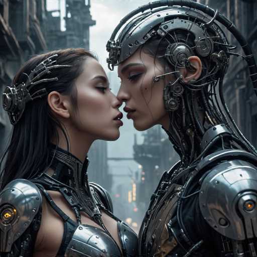 The image depicts two individuals dressed in futuristic armor and headgear, standing face-to-face with their mouths open as if in a kiss or embrace. The background shows an urban cityscape with buildings of varying heights and designs, suggesting the setting could be a bustling metropolis.