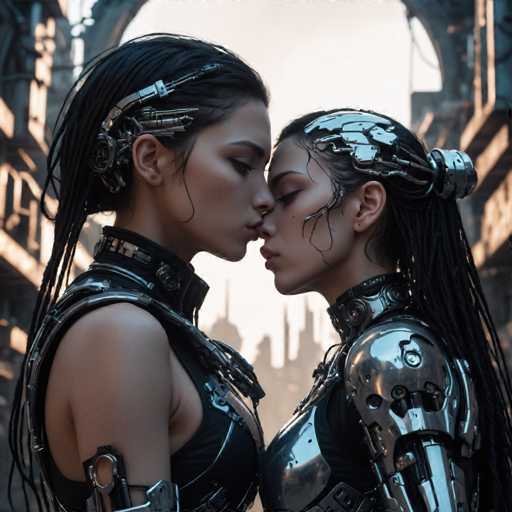 The image shows two women with long hair and metallic armor standing next to each other against a backdrop of an abandoned city street. The woman on the left is wearing a black tank top and has her hair styled in braids, while the woman on the right is wearing a silver helmet and has her hair styled in dreadlocks.
The image does not contain any discernible text or additional objects.