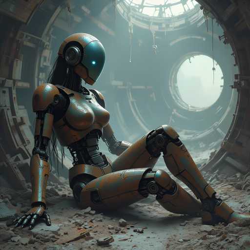 A robot with blue eyes and a green head is sitting on the ground inside an abandoned tunnel. The robot has long hair and is wearing a helmet that matches its body color.