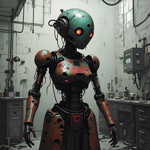 The image depicts a robot standing in an industrial setting with a white wall and a window behind it. The robot is wearing a red suit and has large eyes that appear to be glowing red. The robot's arms are extended outwards, and its legs are crossed at the ankles.
