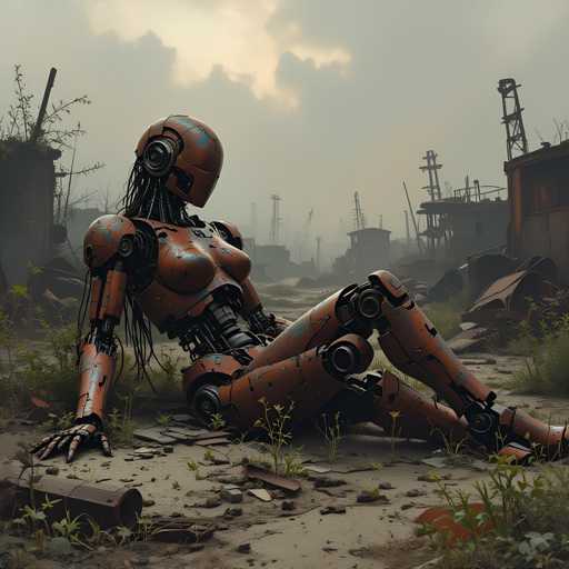 A robot with orange and black metallic body is sitting on a pile of rubble in an abandoned industrial area. The robot has a large head and arms that are bent at the elbows, giving it a creepy appearance. The surrounding area consists of rubble and debris from what appears to be a factory or industrial site.