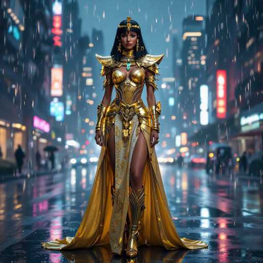 A woman dressed as Cleopatra stands on a rain-soaked street at night, wearing a gold and white dress with a corseted bodice and a headdress adorned with jewels. The backdrop is a cityscape of illuminated buildings under the soft glow of streetlights, creating an atmospheric scene that contrasts with the dark sky above.