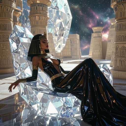 A woman is seated on a throne made entirely of diamonds and gold, wearing a black dress with gold accents. The setting appears to be an ancient Egyptian temple or palace, as indicated by the hieroglyphics visible in the background.