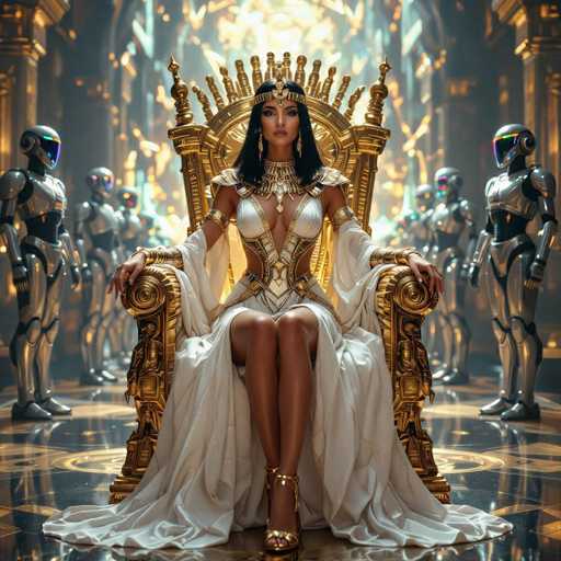 A woman dressed as a queen sits on a golden throne in a grand room with a high ceiling and large windows that let in natural light. The room is filled with other people standing around her, creating an atmosphere of majesty and power.