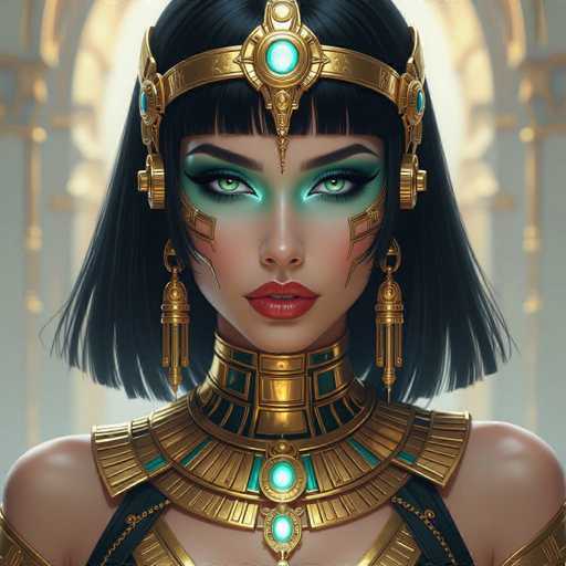 The image depicts a woman with striking green eyes and long black hair wearing an elaborate gold and green headdress adorned with multiple tiaras. The background is a plain white wall, which contrasts with the vibrant colors of her attire and makeup.