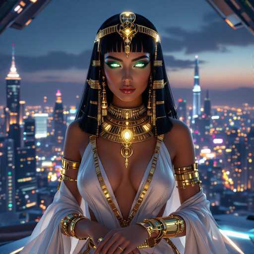 The image depicts a woman with long dark hair wearing a white dress and gold jewelry, including a headdress adorned with a large feather. The woman is standing against the backdrop of a city skyline at night, with buildings illuminated by bright lights that create a stunning contrast against the dark sky.