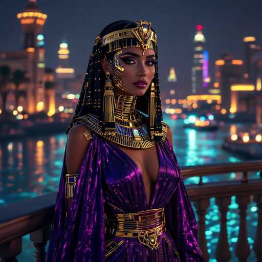 The image depicts a woman wearing an Egyptian-style dress and headdress standing on a balcony overlooking the water at night. The woman is positioned centrally in the frame, with the city skyline visible in the background.