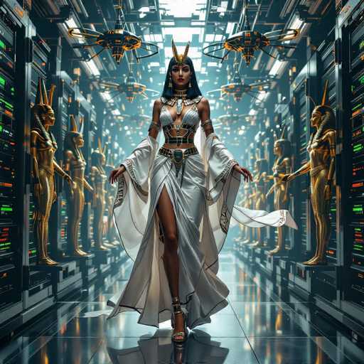 The image depicts a woman wearing an Egyptian-style dress and headdress standing in the center of a room filled with golden statues. The room is illuminated by multiple lights that cast a warm glow on the scene. The woman appears to be the main subject of the image, positioned centrally within the frame.