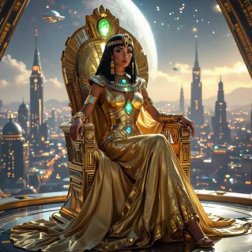 A woman dressed in an Egyptian-style golden dress and headdress is seated on a throne with her legs crossed, facing the camera. The backdrop features a cityscape at night, with buildings illuminated by artificial lights against a dark sky.