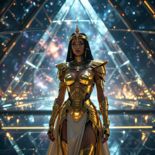 A woman dressed in a golden armor and headdress stands in front of a large glass window with blue lights shining through it, creating an ethereal glow around her. The background is dark and filled with geometric shapes that add to the futuristic aesthetic of the scene.