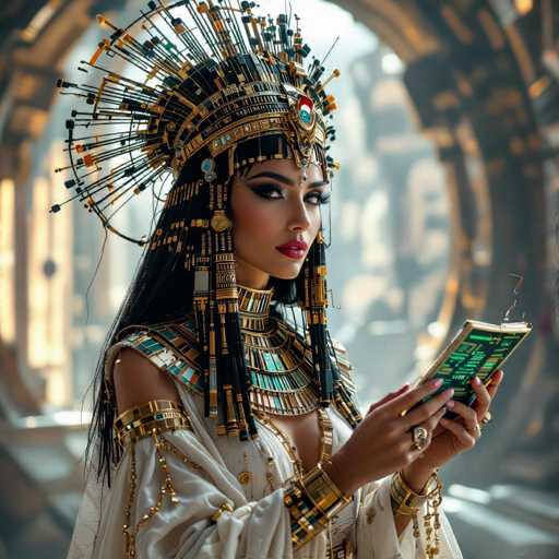 A woman wearing an elaborate Egyptian-style headdress and gold jewelry is holding a book with her right hand while looking down at it with her left hand.