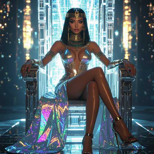 A woman is seated on a throne-like chair with a shimmering silver and blue fabric draped over it. She wears a gold crown and earrings that glint under the light. The background features a dark blue curtain with white lights behind her, creating an ethereal glow around her figure.