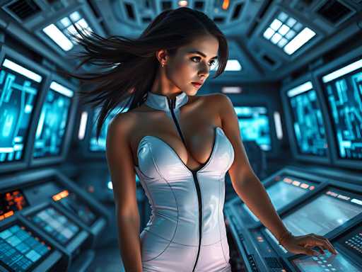 A woman stands in front of a computer monitor with her arms crossed and hands on hips, wearing a white jumpsuit with a zipper down the back. The room is filled with blue lights that create an otherworldly atmosphere, and the woman's gaze is directed towards the camera.