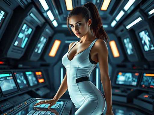 The image shows a woman standing in front of a computer monitor with her arms crossed and legs apart. She is wearing a white jumpsuit that contrasts with the blue background behind her. The room has multiple screens on the walls, suggesting it could be a workspace or a control center for some sort of technological project.